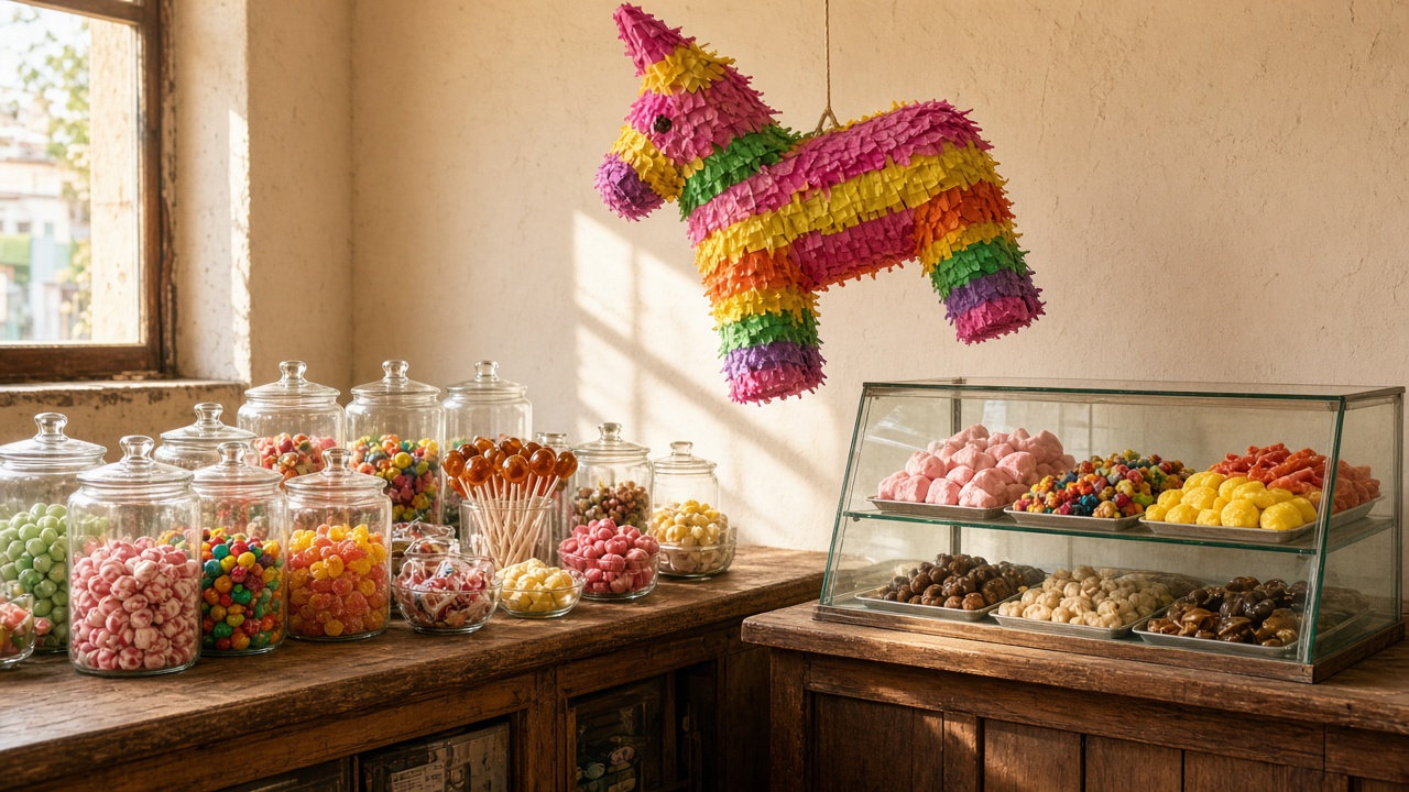 Mostrador ilustrativo con dulce a granel y una piñata. No es foto del local.